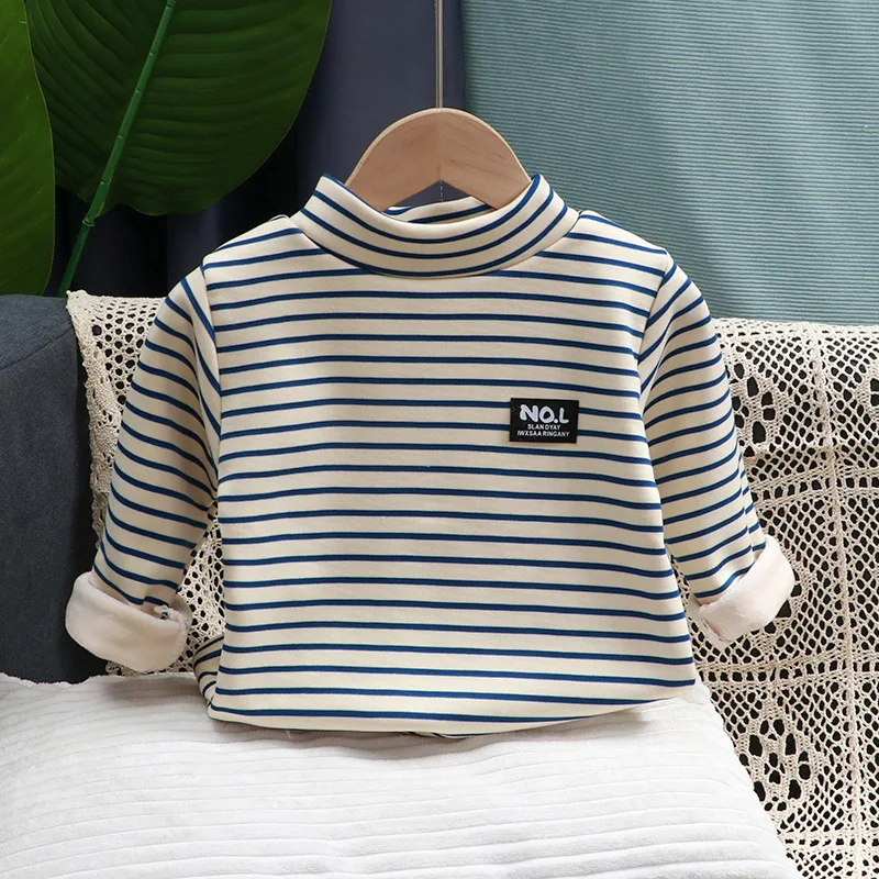 Winter Children Shirts Fleece Warm Tops for Kids Long Sleeve Boys Undershirts Stripe Girl T-shirts Plus Velvet Baby Tees Clothes