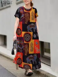 ZANZEA Women Fashion Ethnic Printed Cotton Maxi Dress Casual Loose Short Sleeve O Neck A-line Vestidos Holiday Daily Long Robes