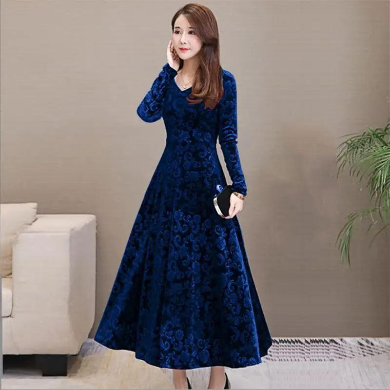 Women's Elegant Long Dress V-Neck Spliced Folds All-match Solid Color Dress Spring New Fashionable Loose Office Ladies Dresses