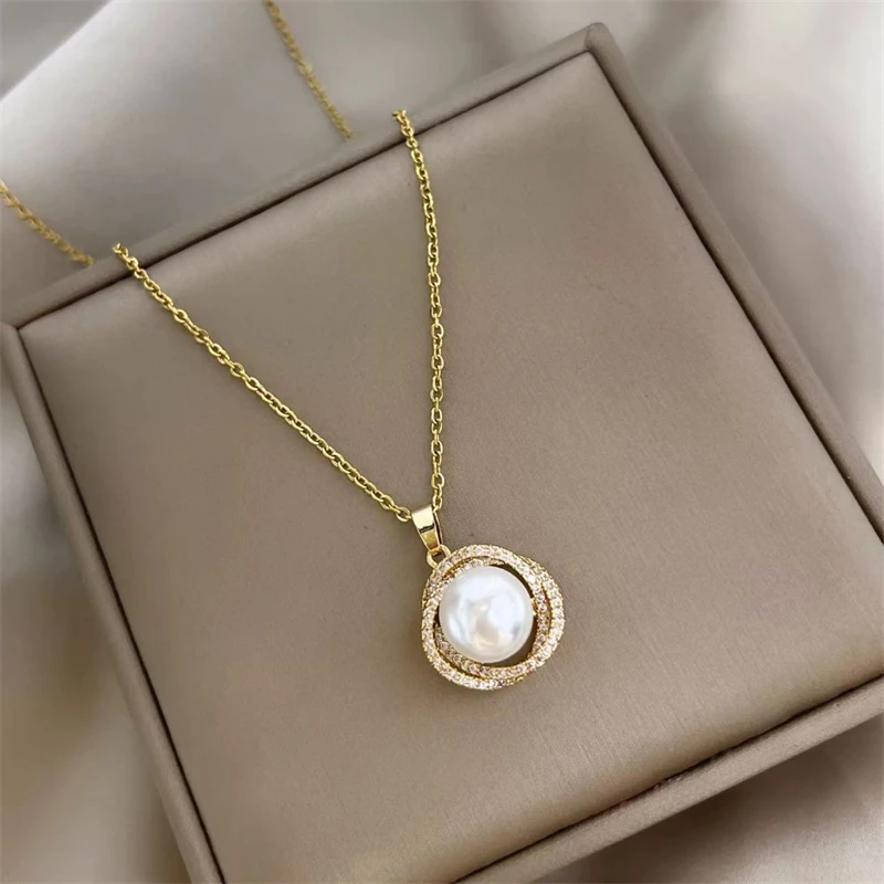 Fashion Pearl Pendant Necklace for Women Trend Aesthetic Gold Color Metal Chain Collar Choker Rhinestone Necklaces Party Jewelry