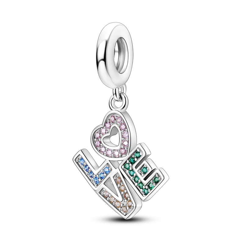 Colorful Zirconium LOVE Dangle 925 Sterling Silver Eye Of Light Heart Shape Charms Beads Fit Pandora Bracelet Necklace Jewelry