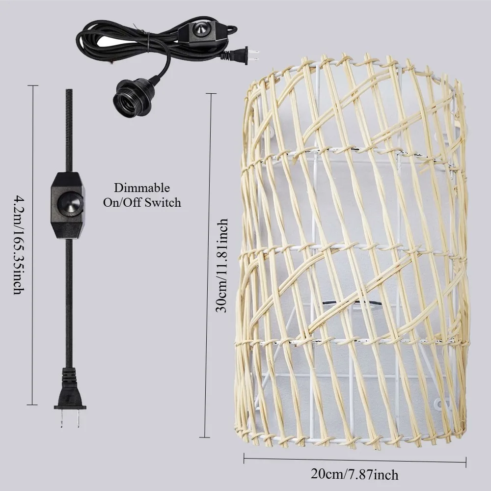 

Retro Boho Wall Sconce with Dimmable Plug in Cord Natural Rattan Woven Rustic Wall Lamp for Corridor Lampshade Home Decor Light