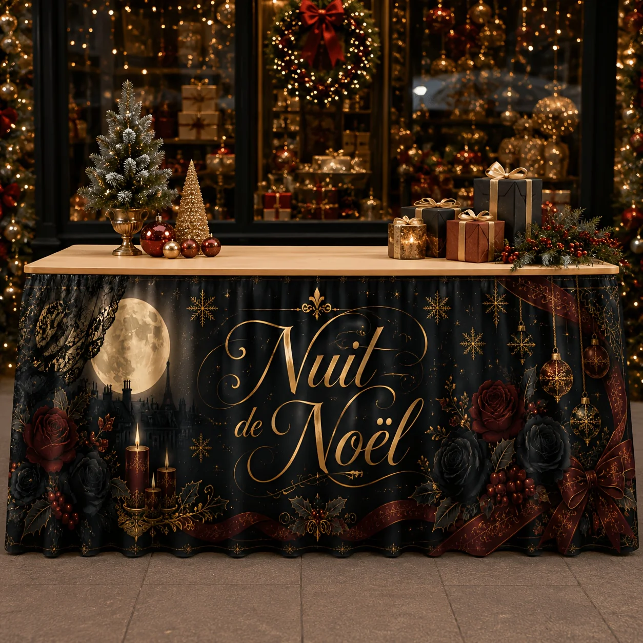 1-Piece Paris Table Skirt with Eiffel Tower and Snowflake Pattern - Red and Black Rose Gothic Vintage French Decoration