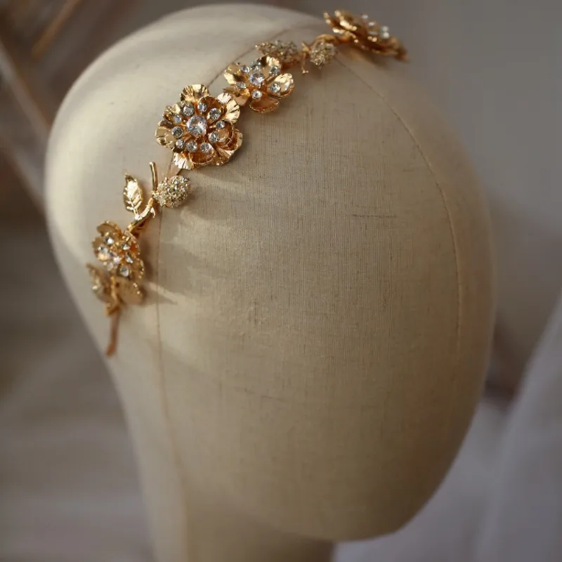 Delicate Gold Color Floral Women Crown Wedding Hair Tiara Crystal Bridal Headpiece Handmade Vintage Hairband