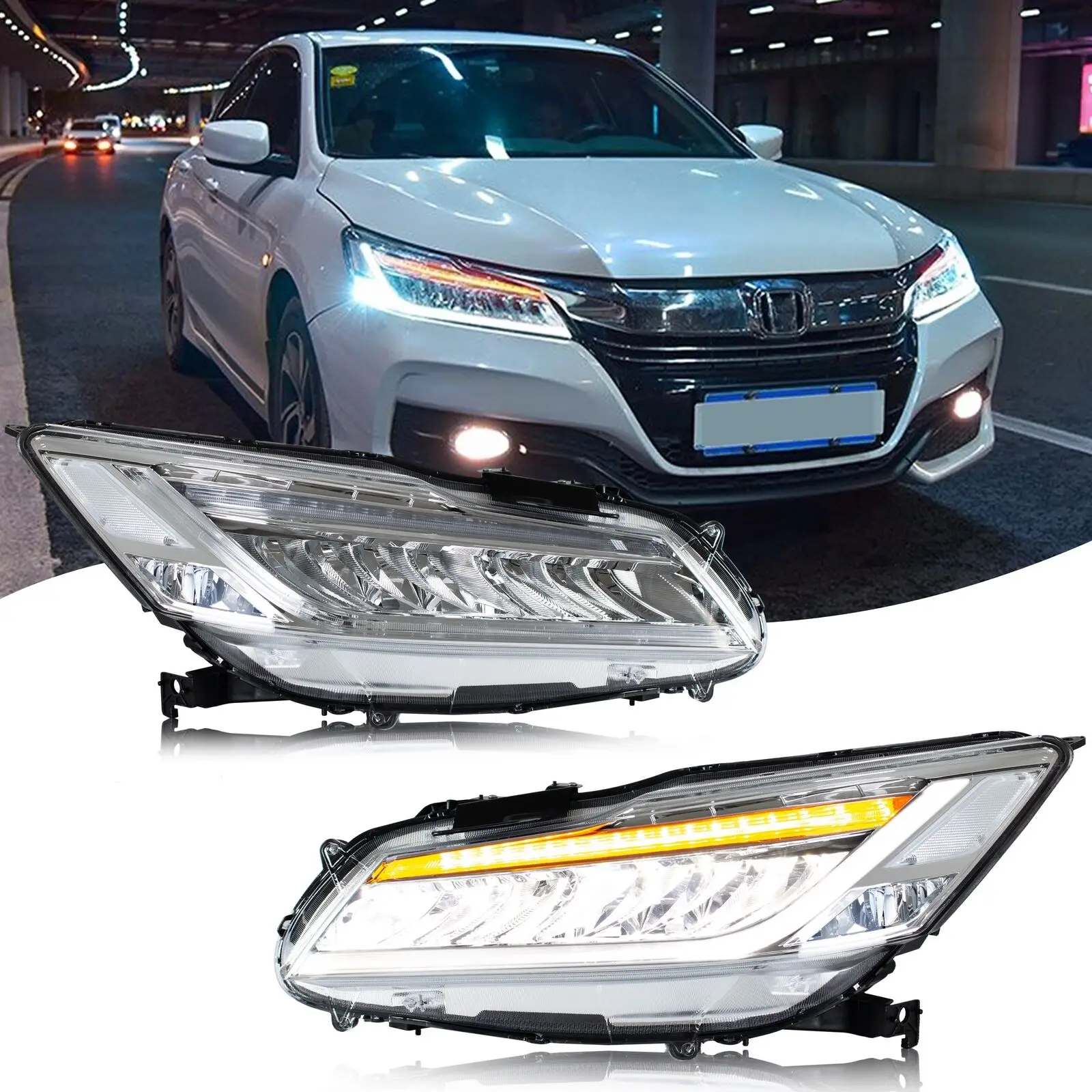 LED Headlights for Honda Accord 9th Gen 2013 2014 2015 2016 2017 Sequential Chrome Front Lamps