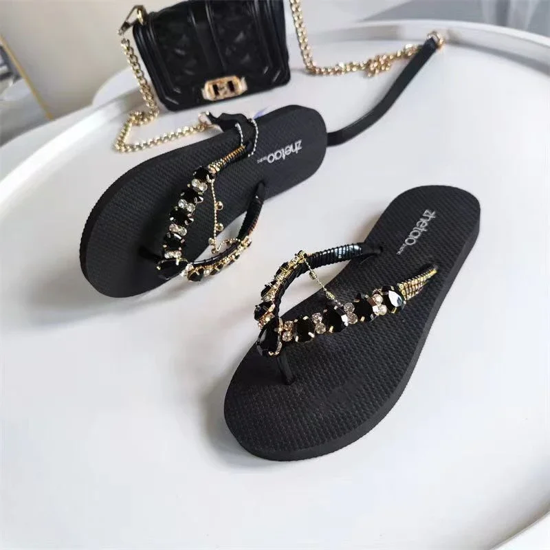 Shoes for Women 2024 Brand Flip Flops Women\'s Slippers Fashion Crystal Casual Slippers Women Hot Sale The Chain Flat Slippers