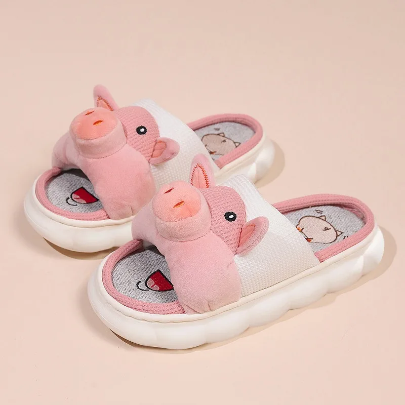 Piggy Cute Linen Slippers Women\'s Four Seasons Home Room Sweat Absorbing and Deodorant Thick Bottom Spring and Linen Sandals