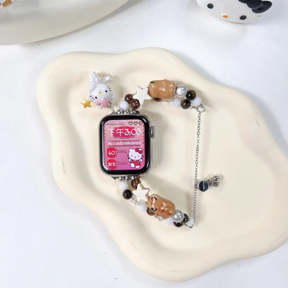 Hello Kitty ABS Beaded Bracelet Strap for iWatch 9 8 41/45mm Band SE 7 6 5 4 Wristband For iWatch 40/44mm Ultra 38/42 Girls Gift