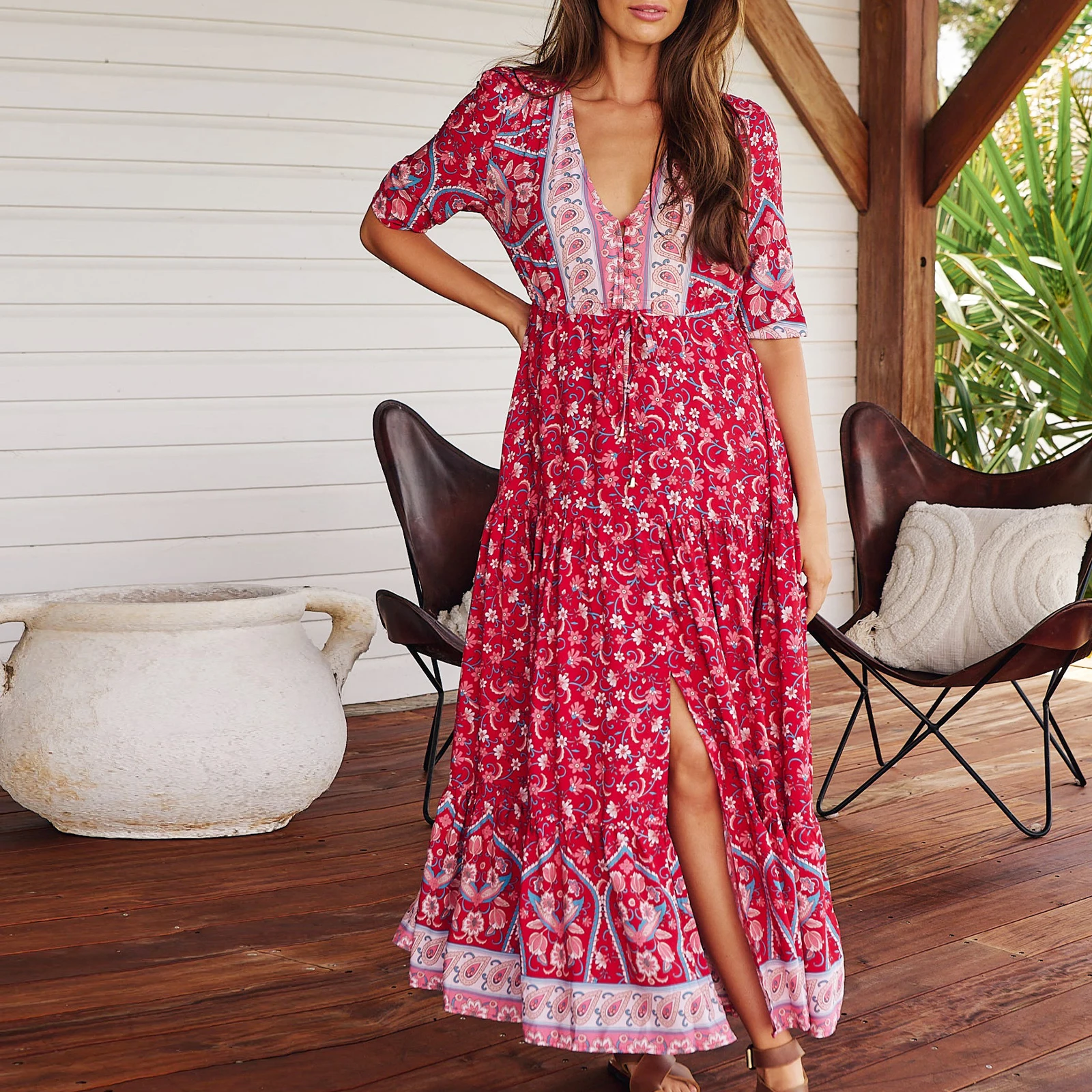 

Women's Floral Print Long Dress Half Sleeves V-Neck Slit Hem Flowy A-Line Dress for Summer