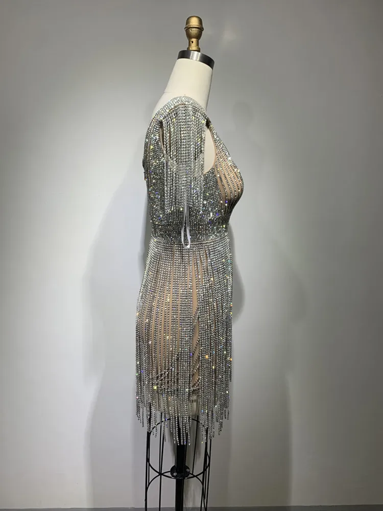 Robe à Franges et Diamants pour Femme, Col en V, Mini Paillettes, Costumes de Scène, de Soirée, de Club, de Luxe