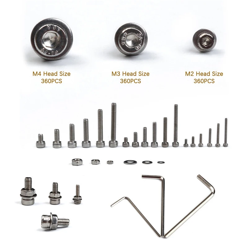 AS94-1080PCS M2/M3/ Stainless Steel Hex Socket Bolt And Nuts Set Fastener Hardware Hexagon Socket Head Cap Screws Flat Washer