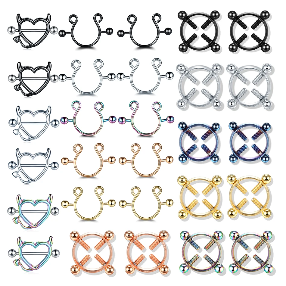 1Pair Steel Screw Nipple Clamps Sexy Women Clip Nipple Rings Faux Nipple Piercing Jewelry Non Piercing Nipple Shiled Rings 14G