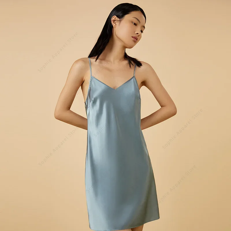 Silk Nightdress Summer Silky Cool Feeling 100% Mulberry Silk Suspenders Pajamas Women's Sexy Sleepwear Nightgown