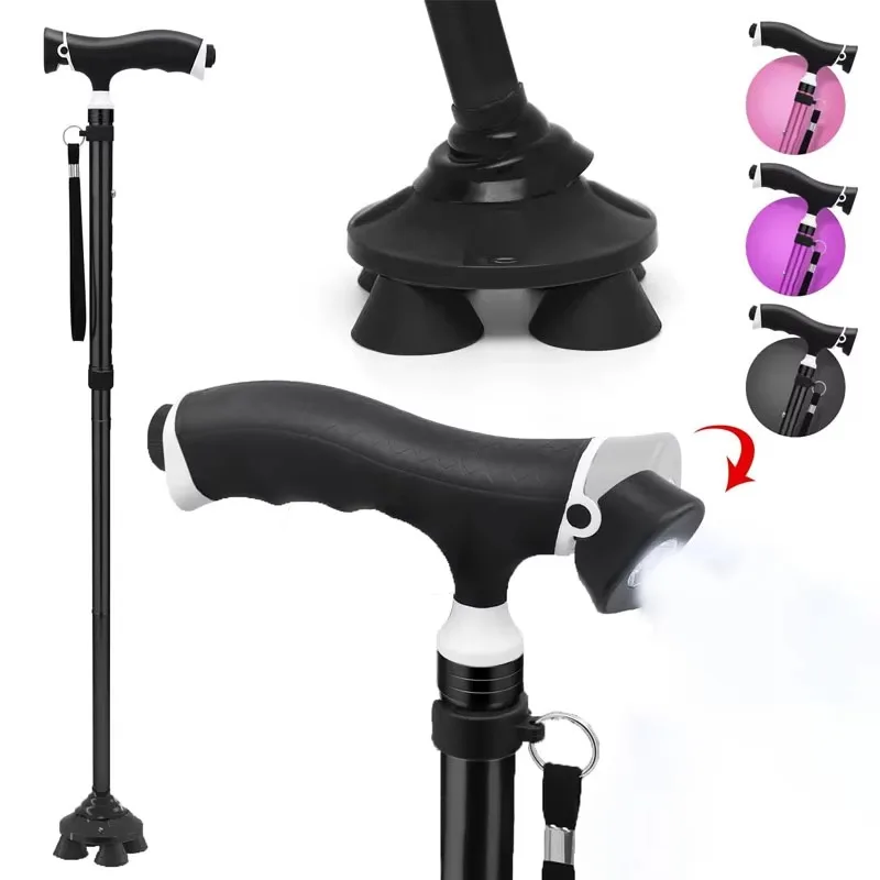 

Adjustable Folding LED Light Walking Cane for Seniors Pivoting Quad Base & Quad Collapsible for Rehabilitation Therapy