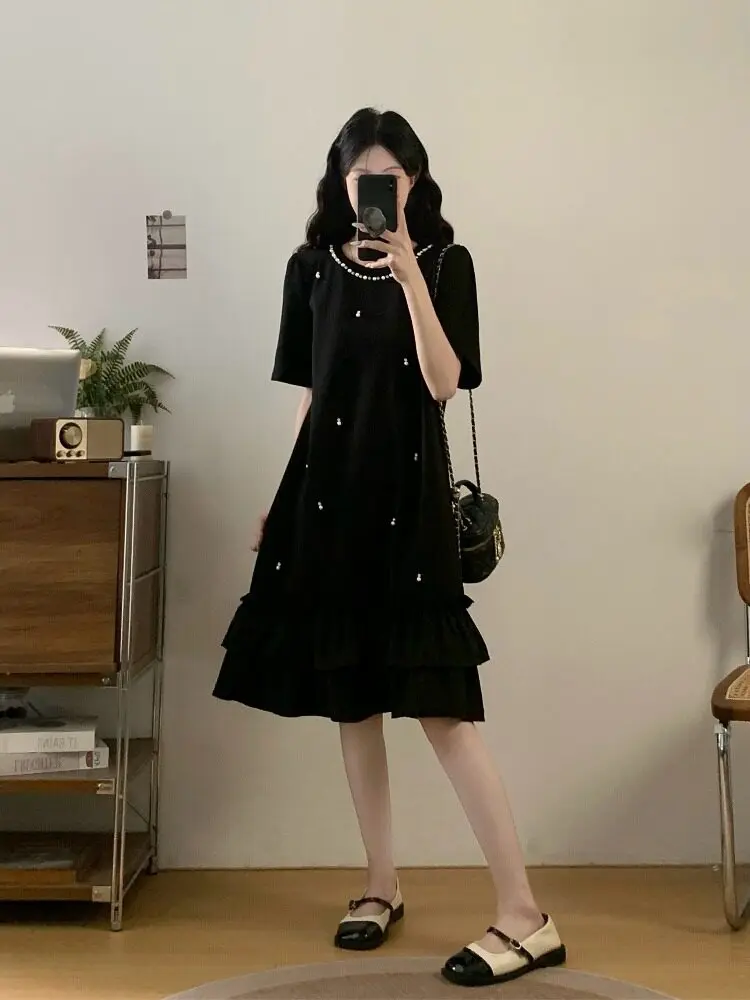 MAGOGO French Hepburn Style Thin Light Luxury Maxi Dress Female Summer Plus Size Vacation Black Dress