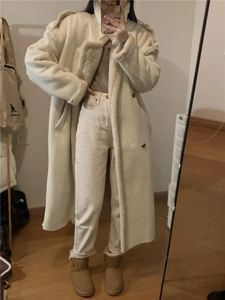 Women Winter Long Lamb Fur Coat Vintage Loose Lapel Collar Overcoat Thick Warm Outerwear Female Suede Plush Coats