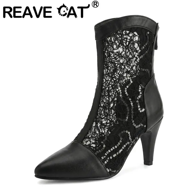 

Женские черные ботильоны REAVE CAT с острым носком, на шпильке 8,5 см, на молнии, с дышащей сеткой, большие размеры 44, 45, 46, 47, сексуальные, для свиданий