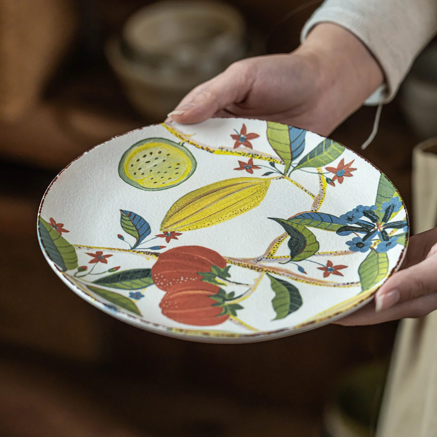 Creative Fruit Pattern Ceramic Plate Japanese-Style Retro Breakfast Salad Underglaze Color Circular Shallow Serving Plate