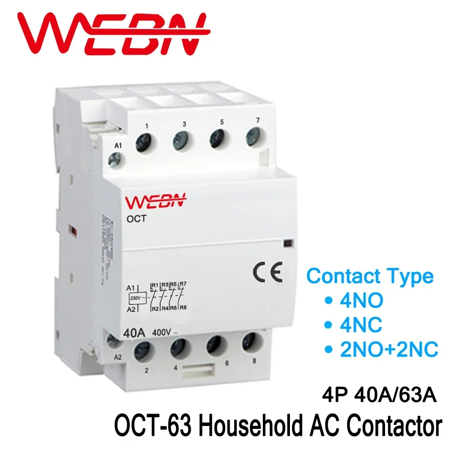 OCT-63 Series 4P 40A/63A Automatic Operation AC Household Contactor 220V/230V 50/60Hz Contact 4NO/2NO+2NC/4NC Din Rail Contactor