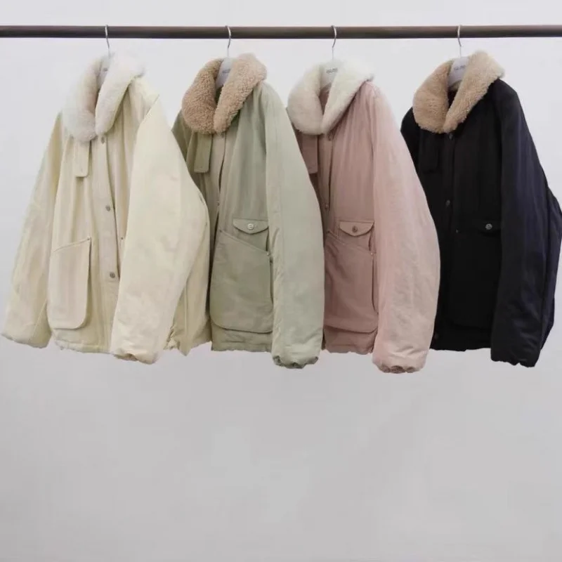 

ERUME Зимняя парка на гусином пуху с защитой от холода, рабочая одежда с воротником из овечьего меха, женская жакетная хлопковая трикотажная застежка-молния...