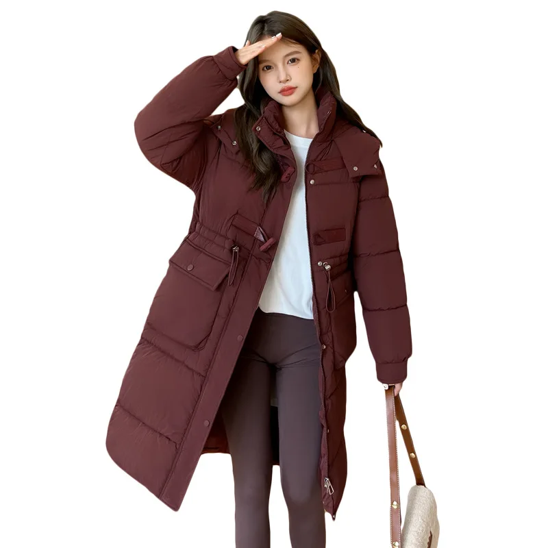 

Women's Winter Parka Jacket Solid Horn Toggle Buttons Drawstring Pockets Quilted Jacket For Female Long Versatile Lady's Coat