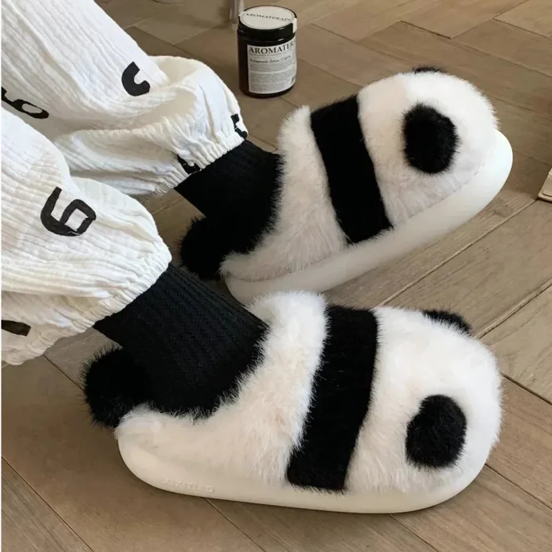 Winter Black White Cute Panda Slippers Cartoon Indoor Women Fluffy Furry Slippers Cute Animal Warm Non-slip Foam Home Shoes