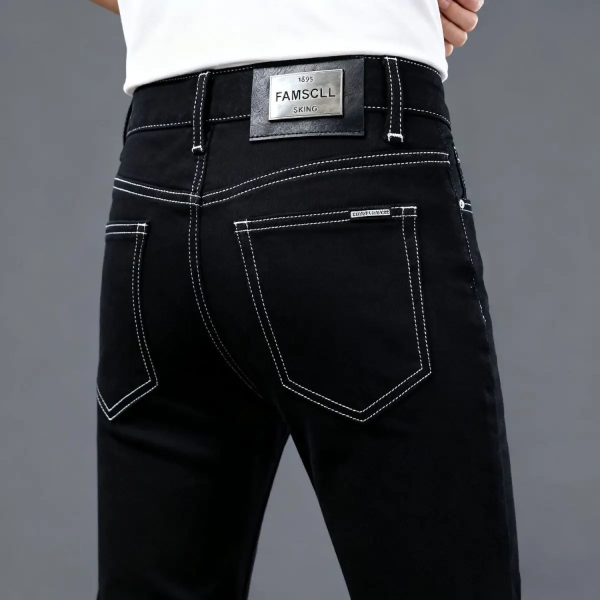 Black Slim Straight Stretchable Men's Jeans Hong Kong Summer New Style Youthful Wear Resistant Daily Casual mid Waist Zipper
