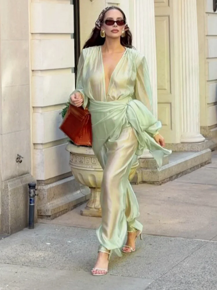 Schal-Stil, tiefer V-Ausschnitt, durchsichtiger Overall für Damen, sexy, lange Ärmel, mit Schnürung, schmale Jumpsuits, transparente Damen-Partykleidung – Detail 8