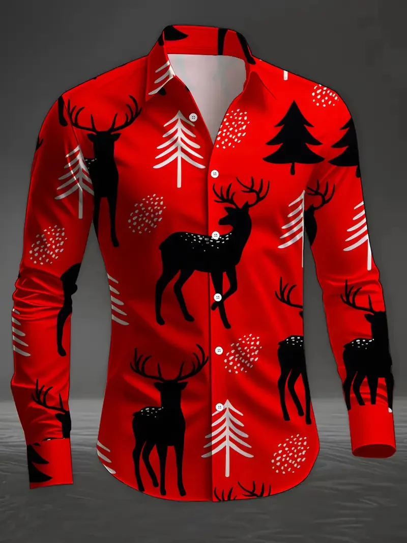 

Мужская гавайская рубашка с рождественским узором оленя, мужская модная рубашка Санта-Клауса, рубашка с длинными рукавами, праздничная одежда, топ