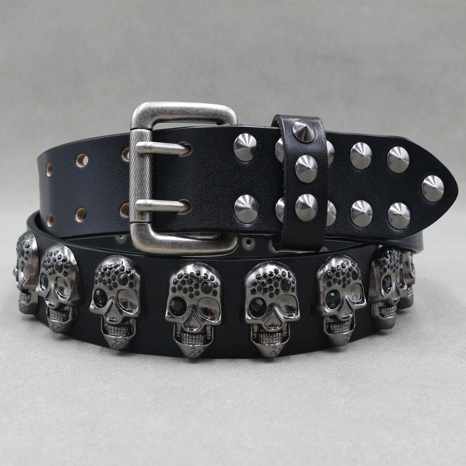 

3.8cm Brand Designer Belt Men Rivet Real Leather Skull Double Pin Belt Male Black Rock Genuine Leather Luxury Punk Belt Jeans