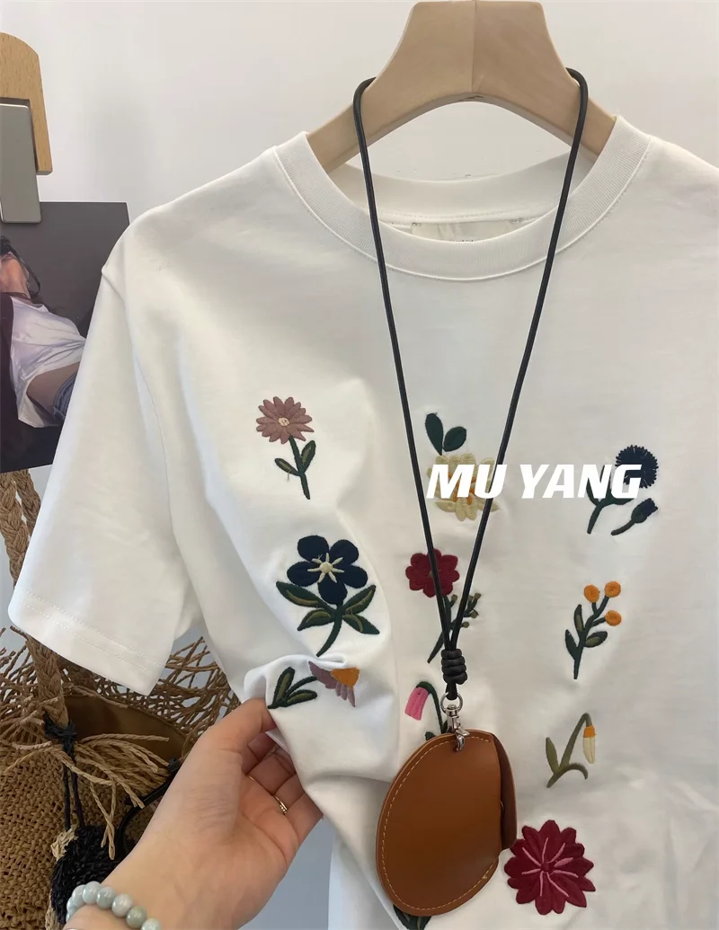 Korean Lovely Embroidery Floral Shirts for Women Pure Cotton White Loose Elegant Y2K Tops Summer Fashion Streetwear Flower Tees