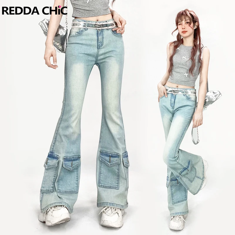 

ReddaChic Vintage Y2k Multi-pocket Flare Jeans Women Korean Casual Plain Bootcut Pants Skinny High Rise Trousers Cargo Work Wear