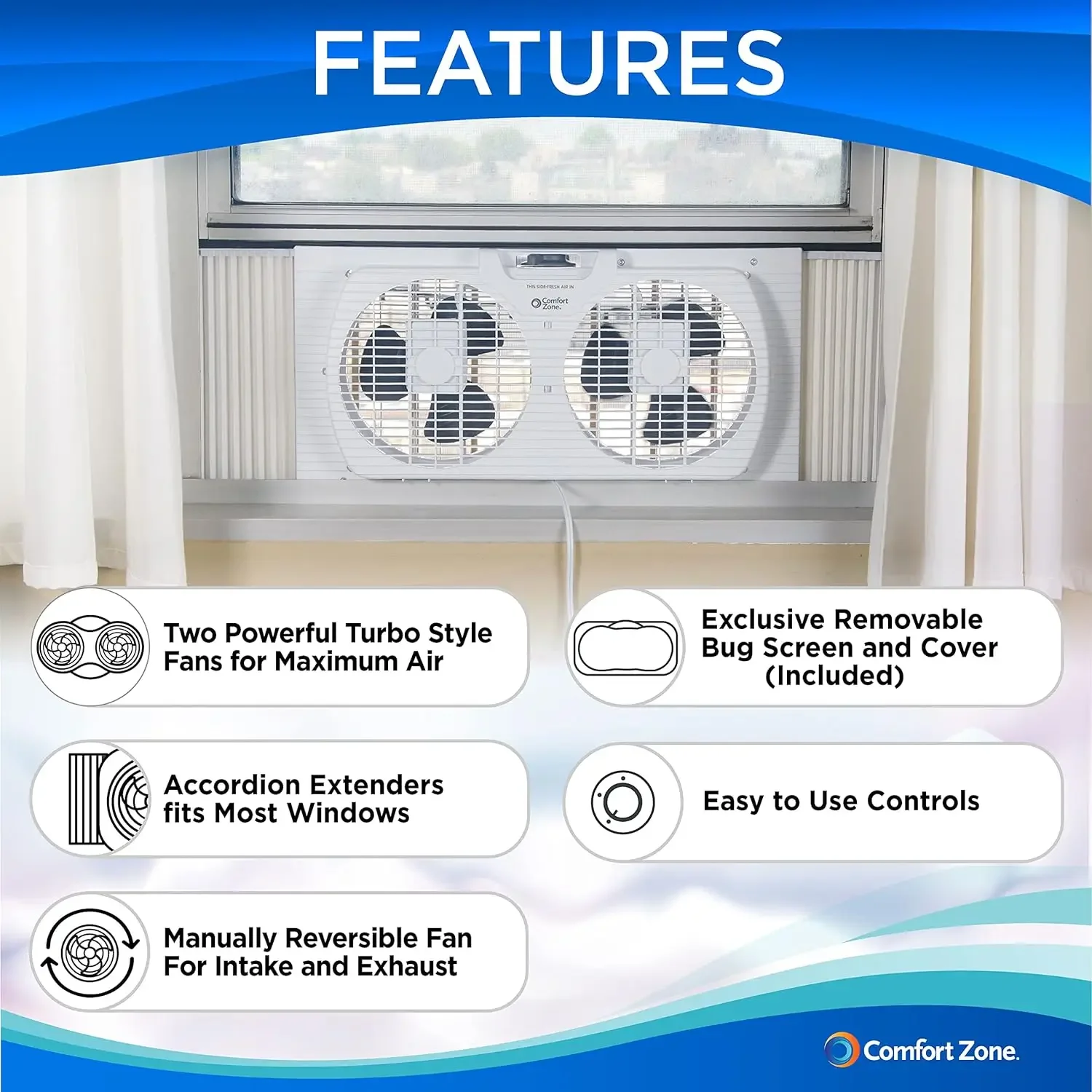 Twin Window Fan w/ Quiet Setting, Reversible Airflow Control, 9 inch 3-Speeds,  Airflow 9.84 ft/sec, Ideal for Home, CZ319WT2