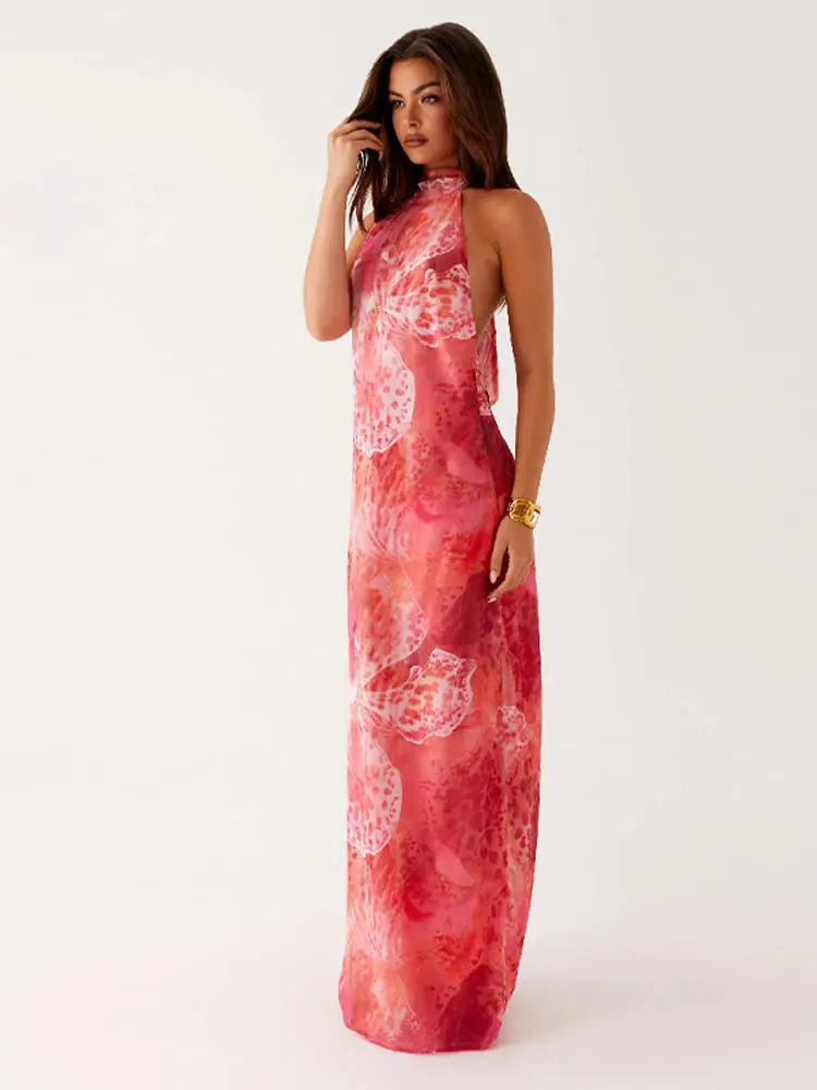 

Chic Printed Halter Maxi Dresses Women Backless Lace Up Sleeveless Loose Thin Light Vestidos Summer Lady Vacation Beachwear