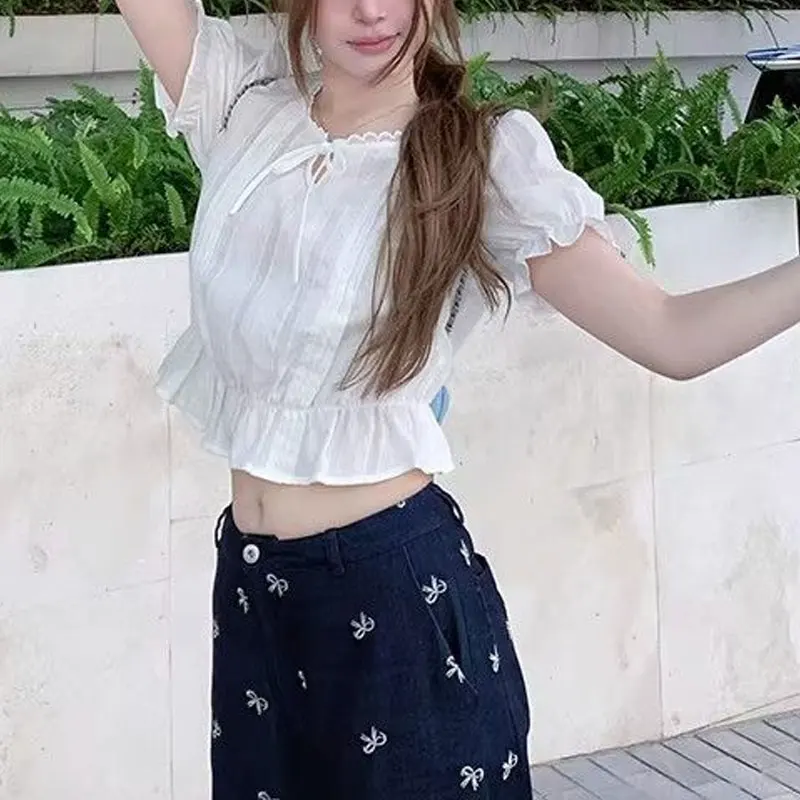 

Summer Korean Round Neck Lace Short Blouse Fashion Drawstring Bow Women's Clothing Solid Color Aura Folds Basic Commute Shirts