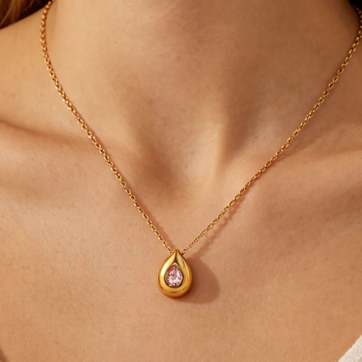 Dainty Zircon Teardrop Pendant Necklaces For Women Gold Color Stainless Steel Oval Drop Charm Necklace Wedding Christmas Jewelry
