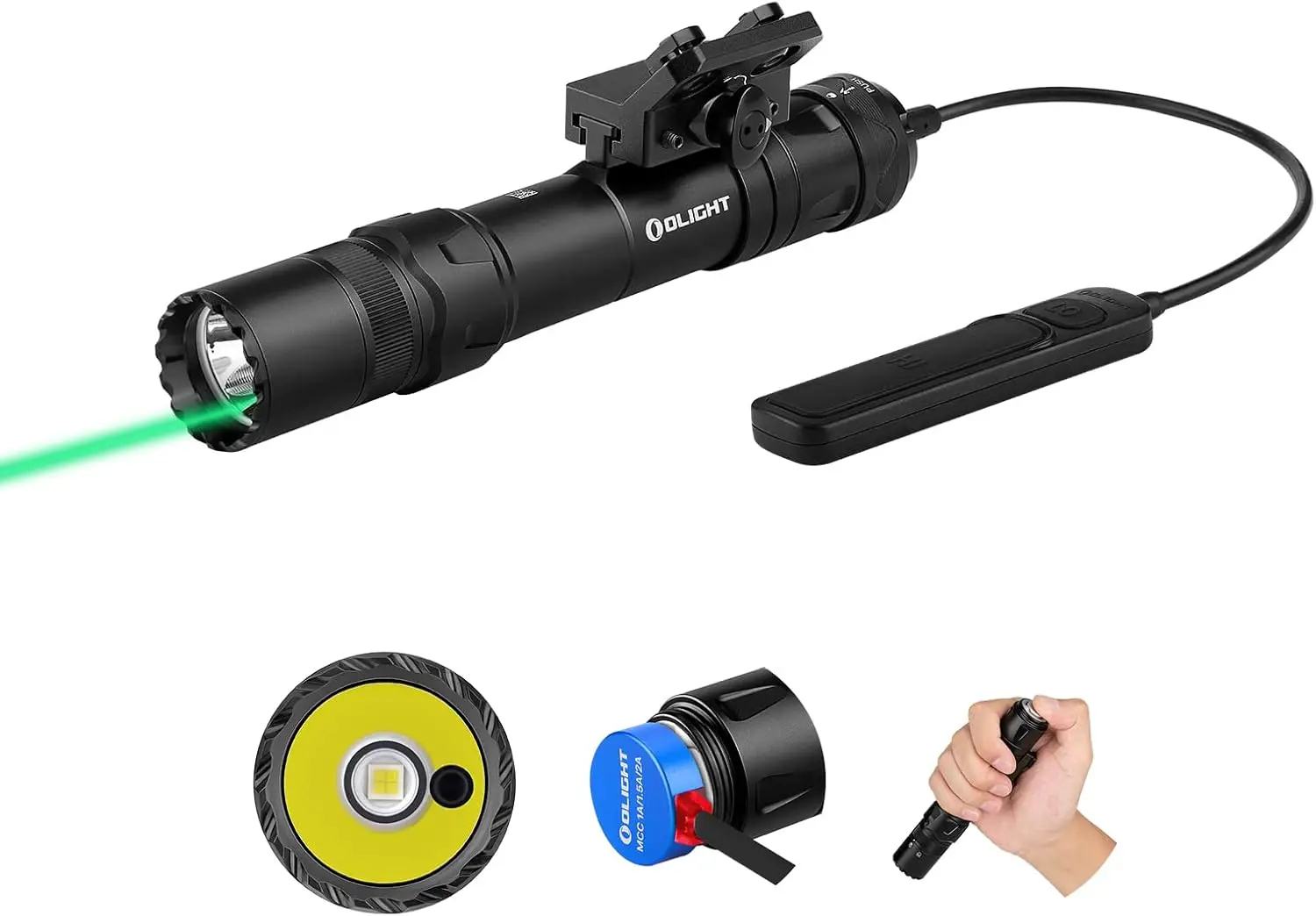 1500 Lumens Mount Rechargeable Tactical Flashlight with Green Beam and White LED Combo, Removable Slide Rail Mount