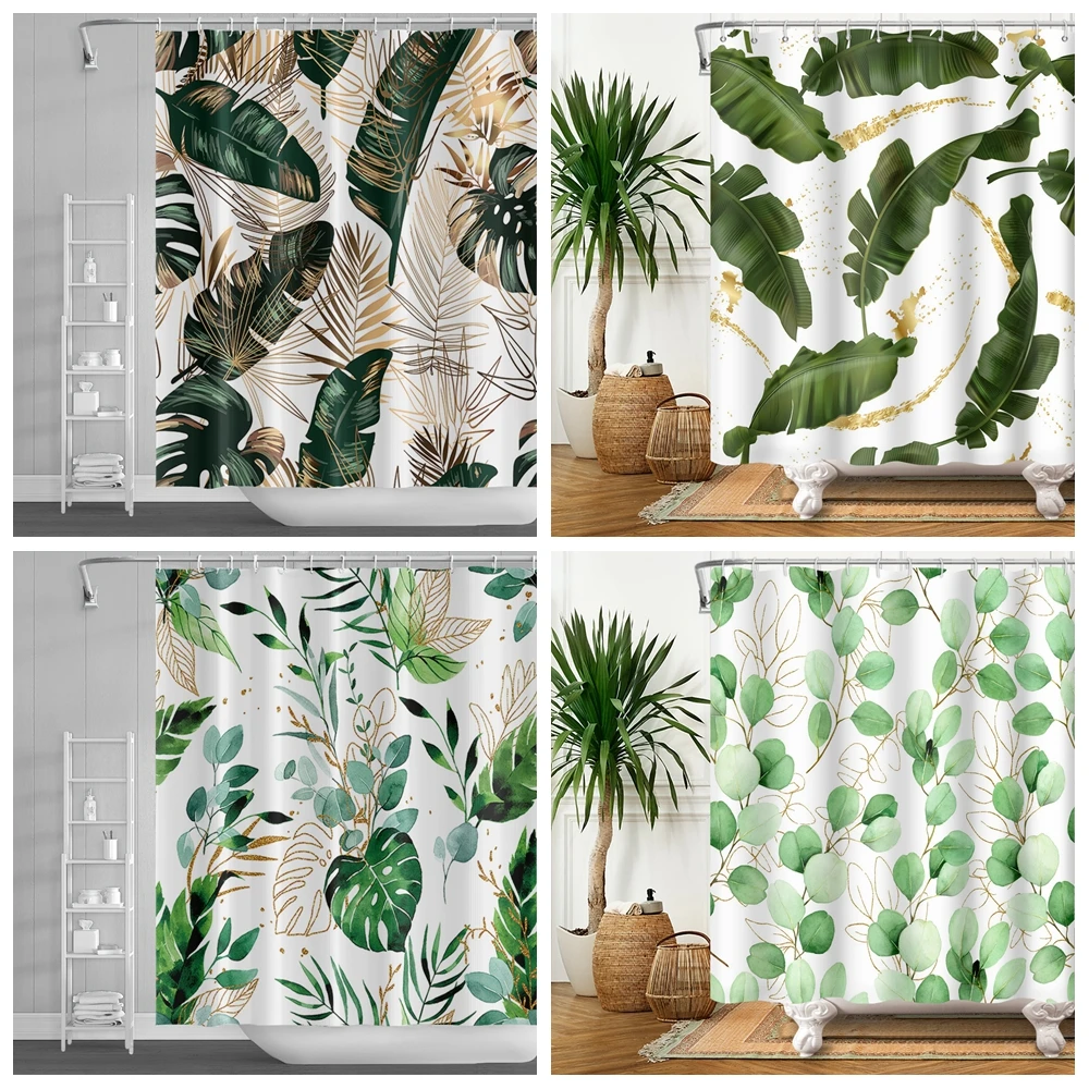 Tropical Jungle Green Leaves Flowers Shower Curtains Bathroom Decoration Waterproof Polyester Bath Curtain Home Decor With Hooks