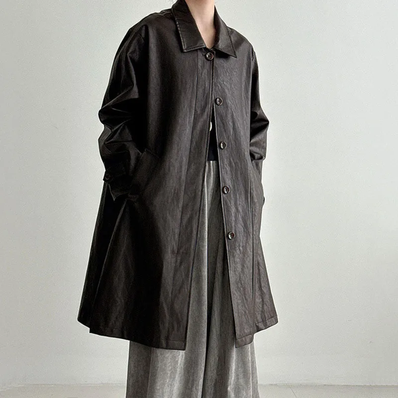 Hksh primavera outono novas mulheres longas jaqueta de couro do plutônio turn-down colarinho único breasted versátil high-end chique trench coat hk12882