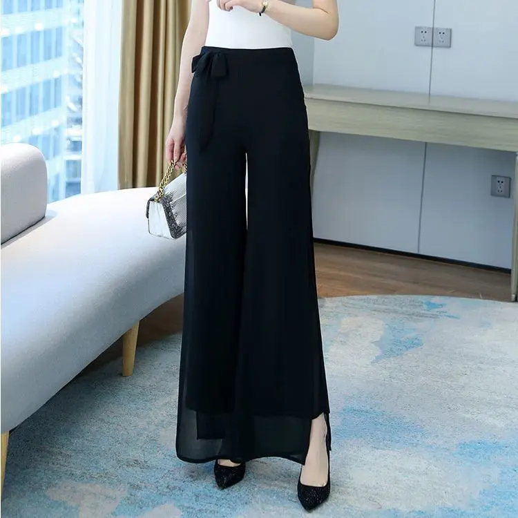 Pantalon taille haute en mousseline de soie pour femmes, jupe à fente latérale, nouveau pantalon de danse carré W45, 2025