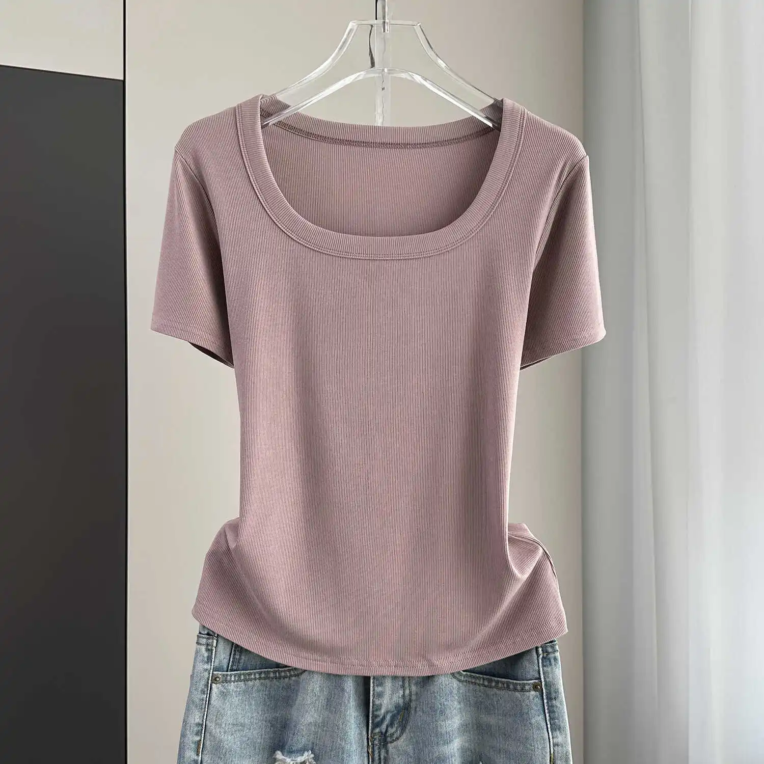 Summer Short Sleeved Women T-shirt Square Collar Solid Color Casual Stretch Tees Thin Simple Base Top Shirt Female