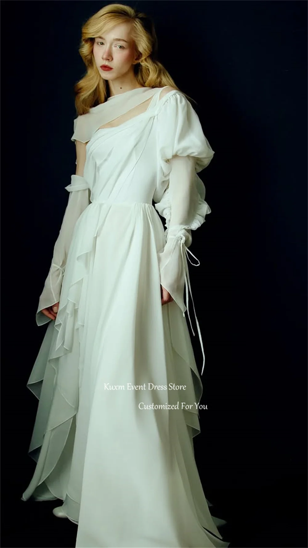 Kuxm White Strapless A Line Women's Wedding Dress One Shoulder Chiffon Vestido De Novia Elegant High Slit Bridal Gown Customized