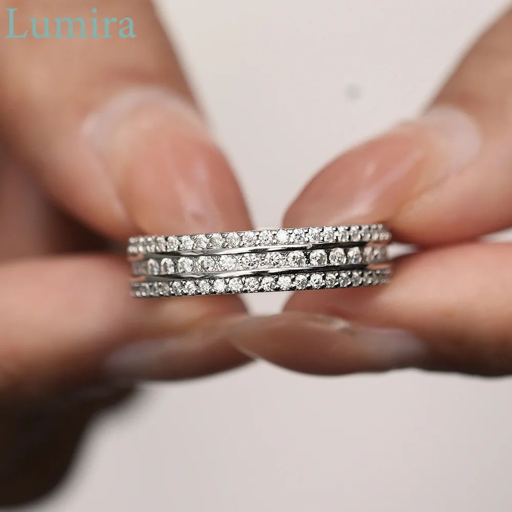 Lumira Hip-Hop 3-Row Diamond Ring for Women with Moissanite Stone Fashion Party Wedding Christmas Charm Fine Jewelry Gift