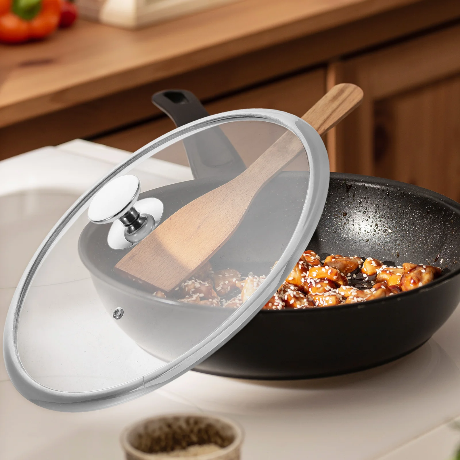 

Tempered Glass Wok Lid 34cm Stainless Steel Thickened Sanded Edge Explosion Proof Universal Pan Lid for Cooking Pots Pans