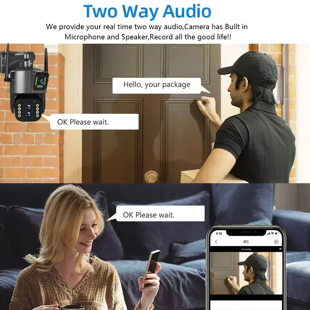 10X PTZ Zoom 12MP 6K WIFI IP Outdoor Camera Auto Motion Tracking PTZ 4K Video Camera Three Lens Three Screen Waterproof Security