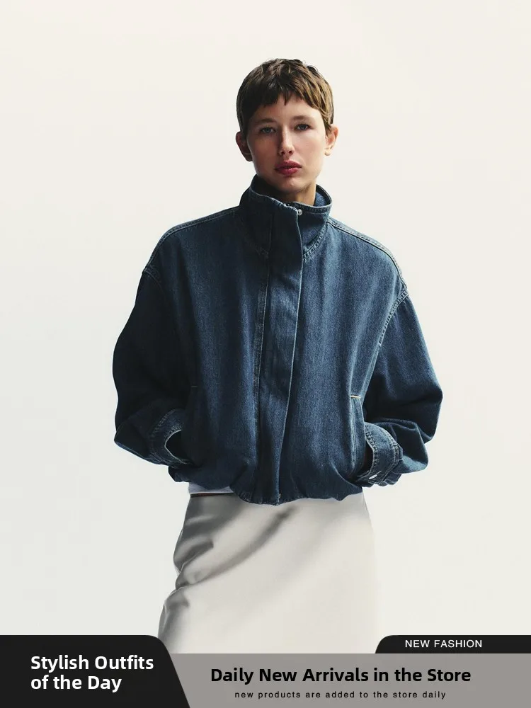 

Новая осенняя женская джинсовая куртка с воротником-молнией и длинным светом, повседневная верхняя одежда со стойкой