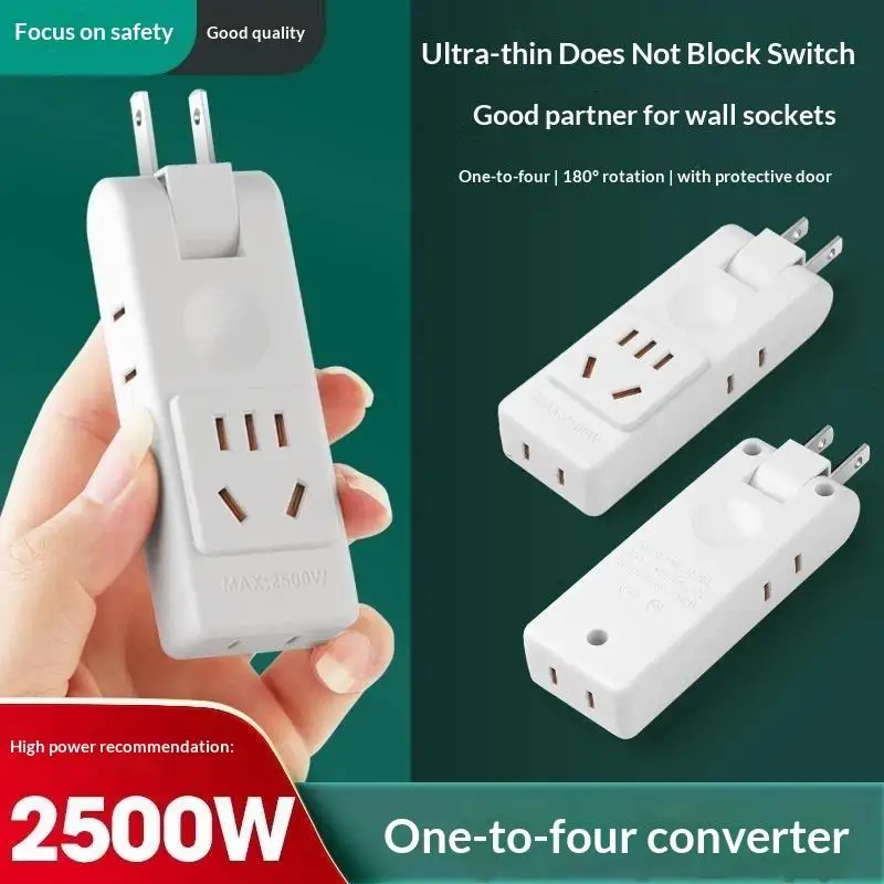 Wall Outlet Extender Ultra Slim 180° Rotation 2500W 4 Outlets Multi Power Splitter for Home Daily Use