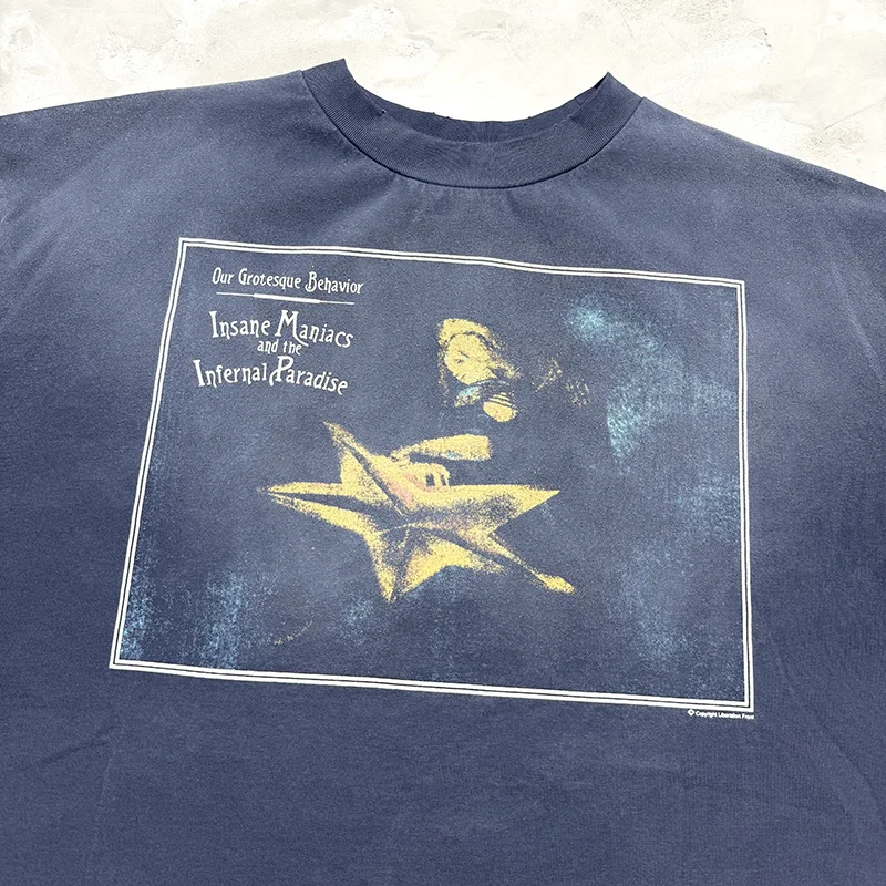 

Футболки большого размера из плотной ткани, хлопка 280GSM, винтажная темно-синяя футболка со звездным принтом SAINT CPFM, поврежденная футболка для мужчин и женщин