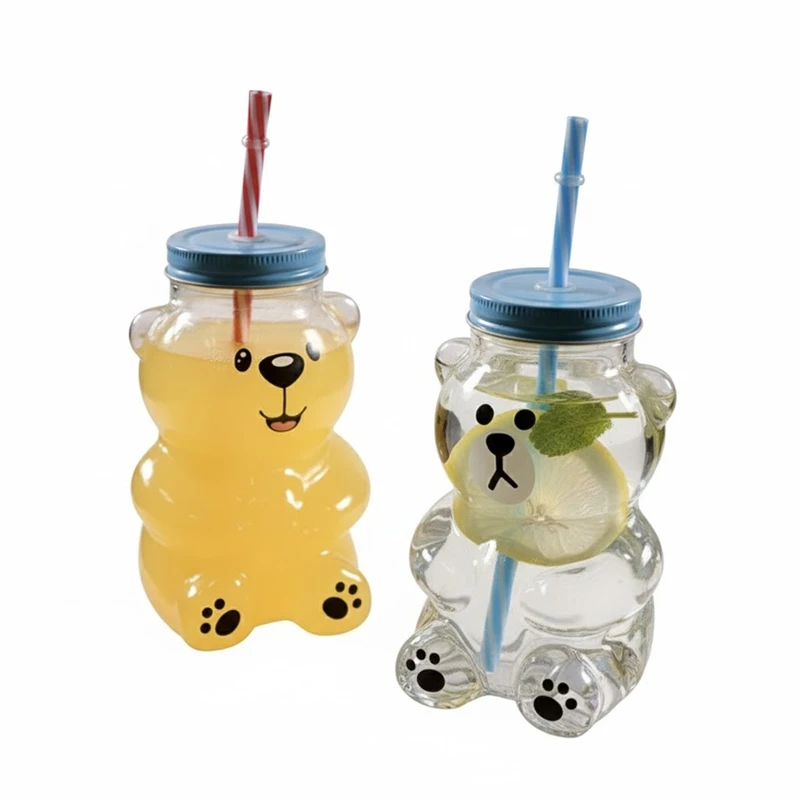 Kawaii Bear Sippy Cup 19oz Clear Bear Glass Cup with Lid and Straw Cute Kawaii Bear Glass Bottle Mug for Juice Milk Tea Retail