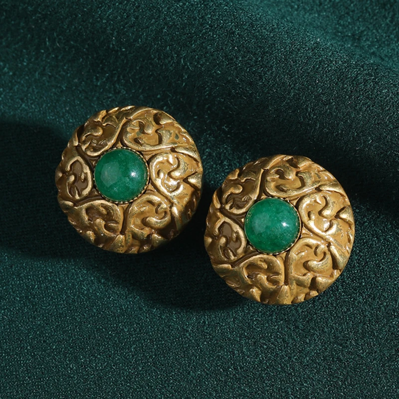 

﻿ Vintage Round Green Glaze Earrings Woman Pattern Retro Antique Gold Color Luxury Quality Designer Gift Wedding New 2025